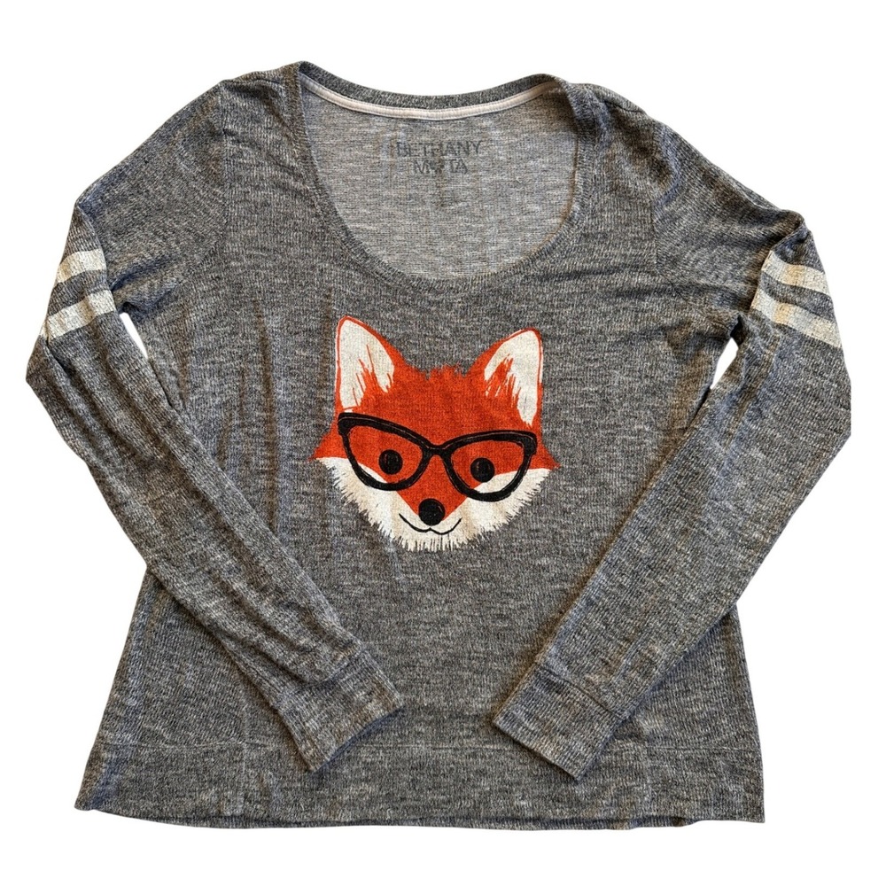 Bethany Mota Fox Graphic Top Women XL Gray Long Sleeve Excellent Varsity Stripe